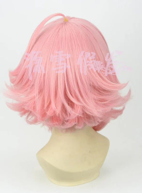Pink upturned cosplay wig with artificial scalp and rose net lining, 35cm length