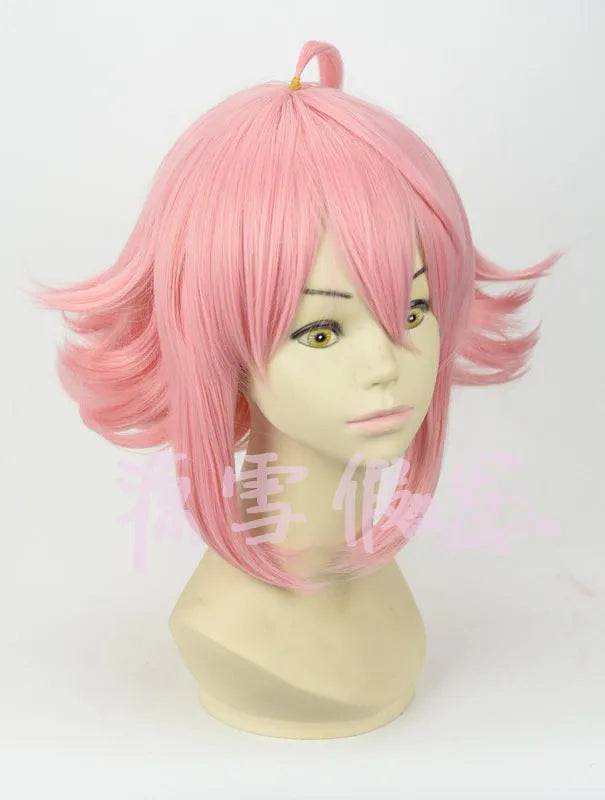 Pink upturned cosplay wig with artificial scalp and rose net lining, 35cm length