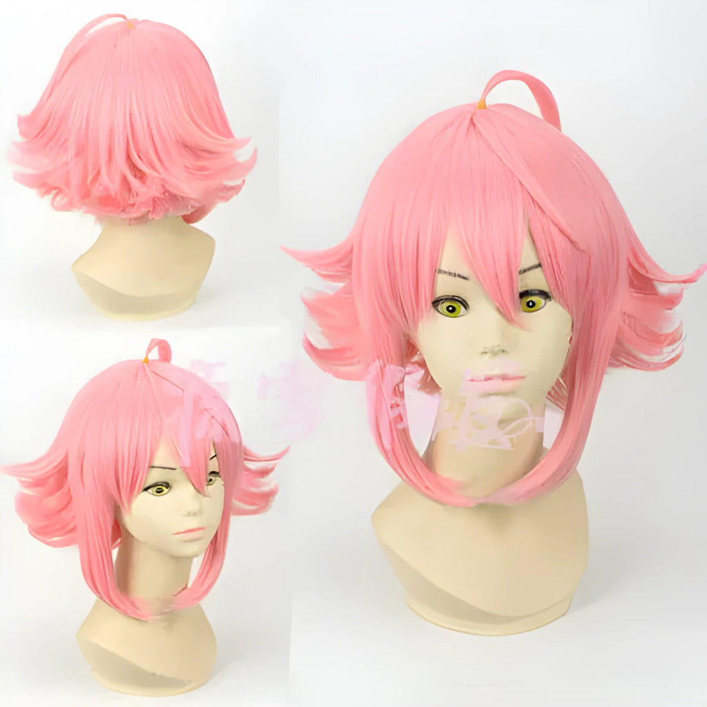 Pink upturned cosplay wig with artificial scalp and rose net lining, 35cm length