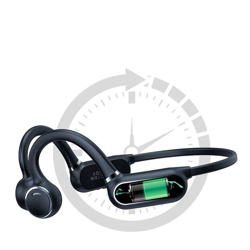 Black air conduction wireless earphones with titanium frame showing ergonomic ear-hanging design