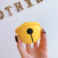 Bright yellow silicone case for AirPods 1 and 2 with a small silver bell charm attached.