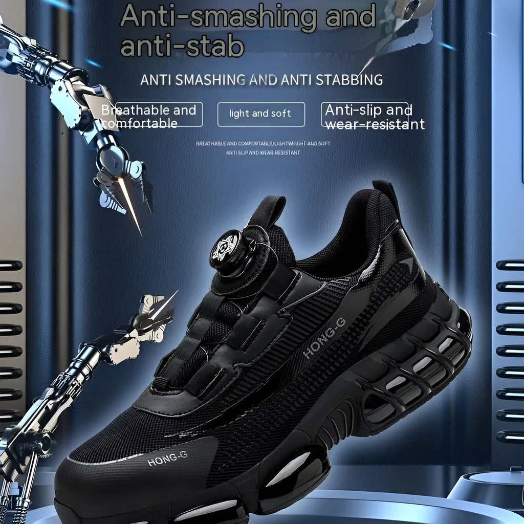 Men's black lightweight work safety shoes with steel toe cap and lace-up front.