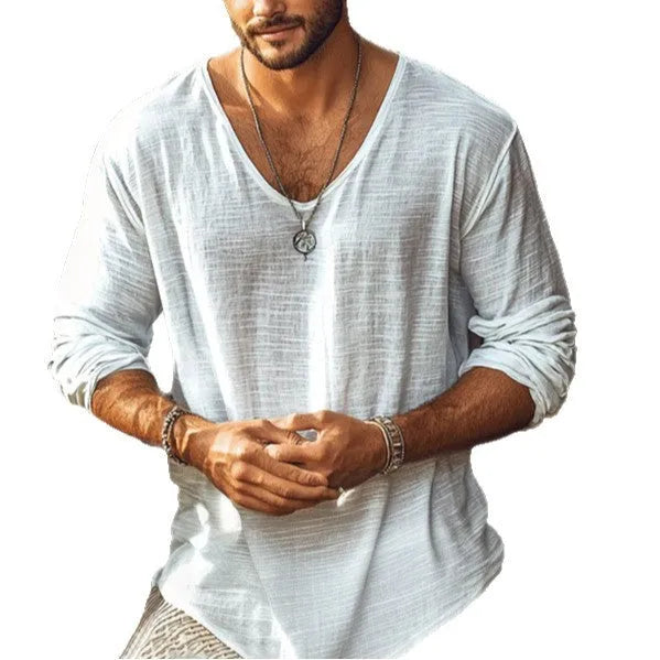 Beige slim fit V-neck long-sleeved top made from hemp blend polyester fabric