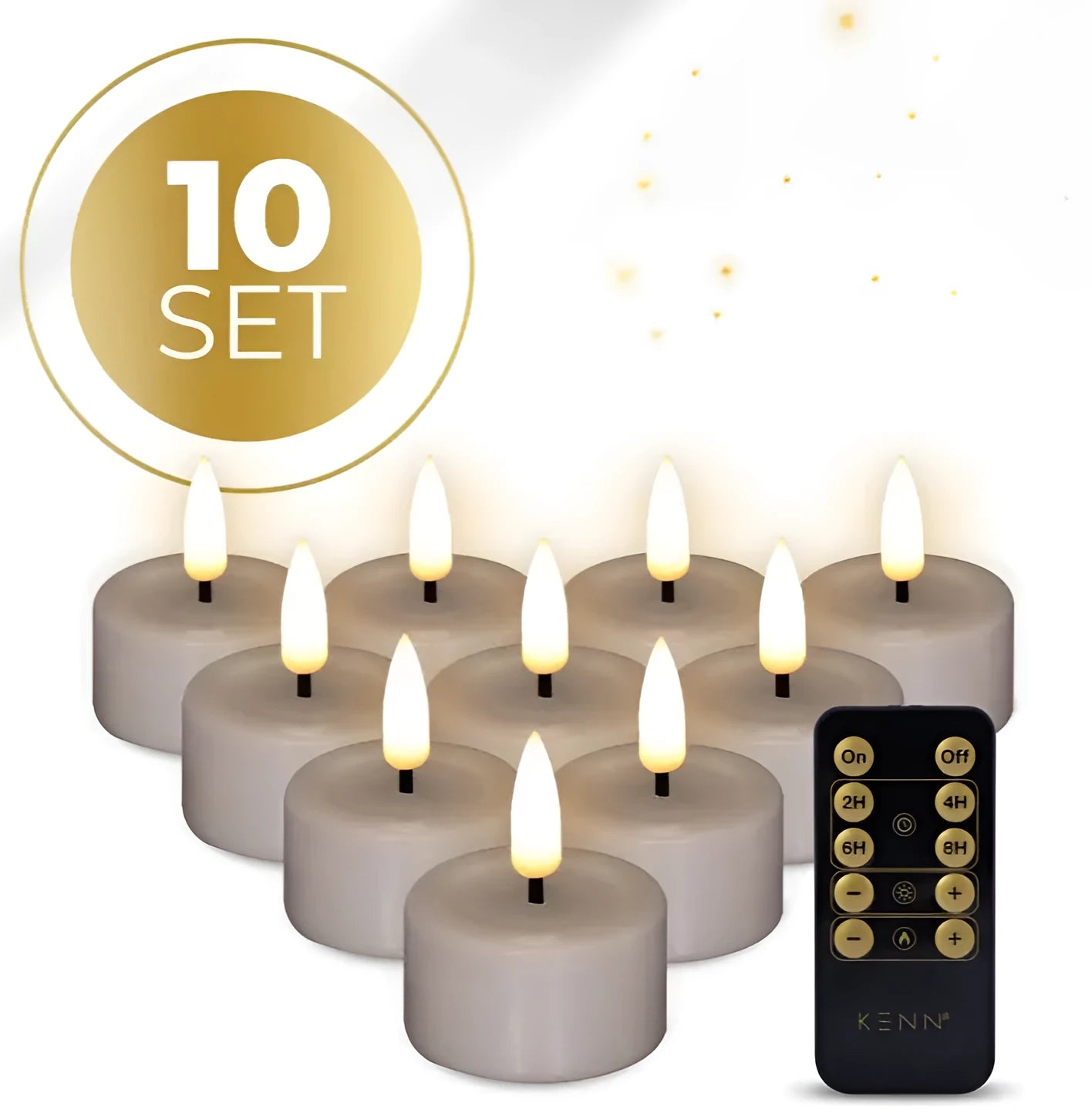 Four taupe-coloured LED tealight candles with realistic 3D flame effect on wooden surface
