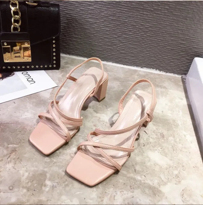 Women's thick heel sandals with over 8cm super high heel and one-word sleeve design in artificial PU