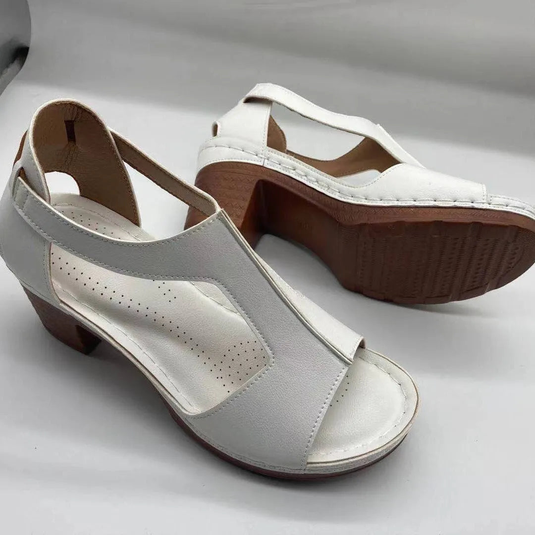 Plus size women's wedge sandals with peep toe, Roman buckle detail, and fish mouth design