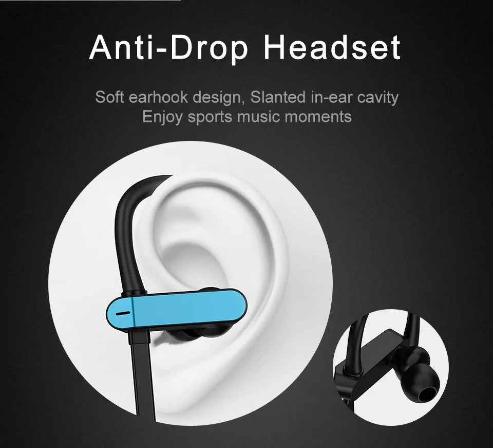 Sport earphones with ear hook design in black blue colour option for secure fit during exercise