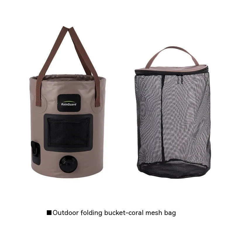 Outdoor portable folding fishing bucket in lemon yellow colour showing 25L capacity and foldable design