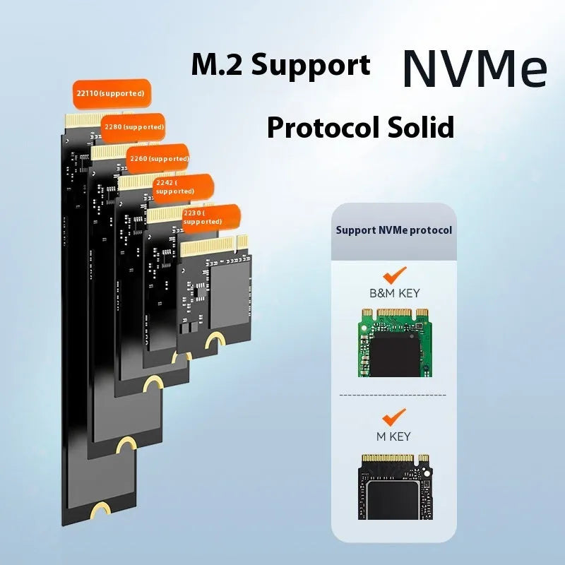 Black external hard disk enclosure for NVME SSDs with Type-C port and fixed design