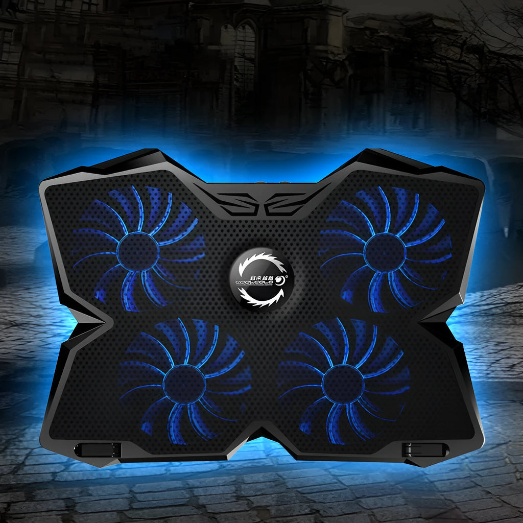 Blue laptop cooling pad with four illuminated LED fans and two USB ports on the front.