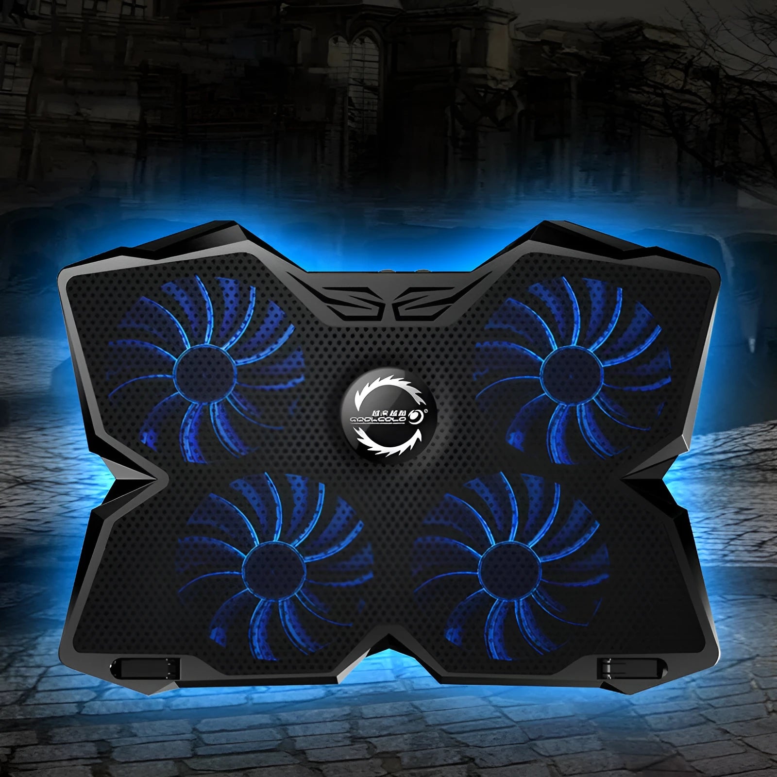 Blue laptop cooling pad with four illuminated LED fans and two USB ports on the front.