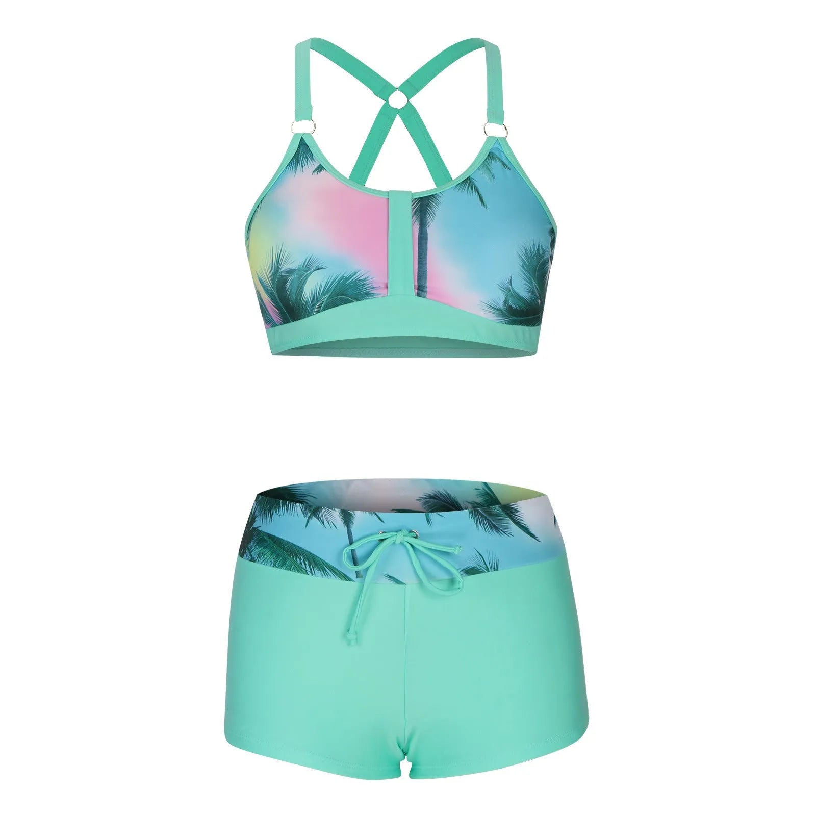 Women's floral print bikini swimsuit set in polyester, shown on a mannequin.