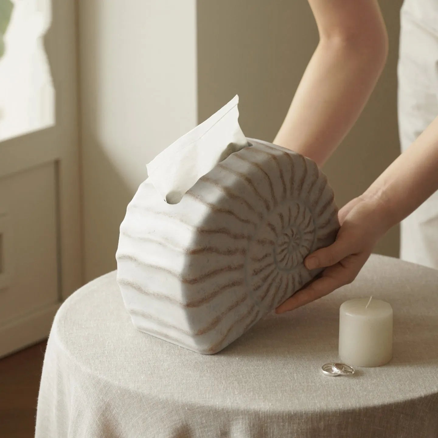 Resin conch seashell tissue box decoration in conch ramble colour on a table.