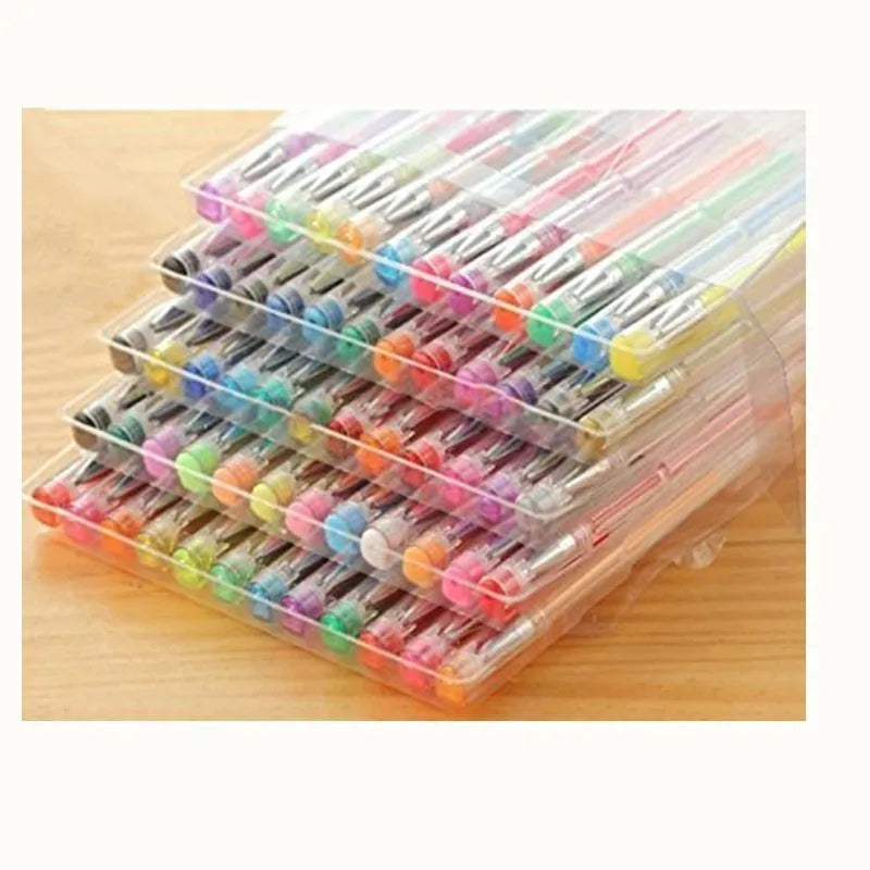 Set of 100 gel colouring pens with plastic barrels in various colours for office and stationery use