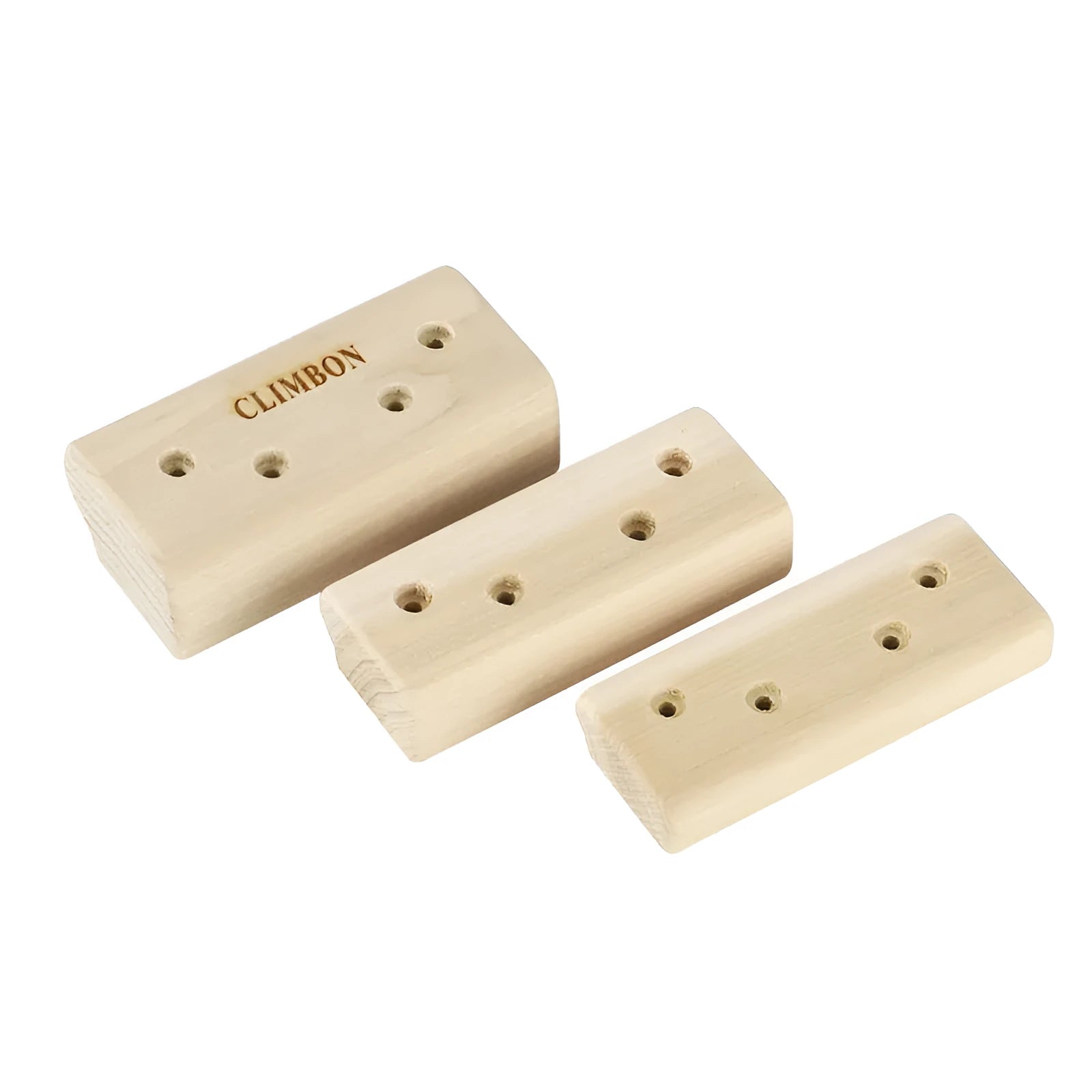Set of three solid wood grip strength training hangboards in varying thicknesses.