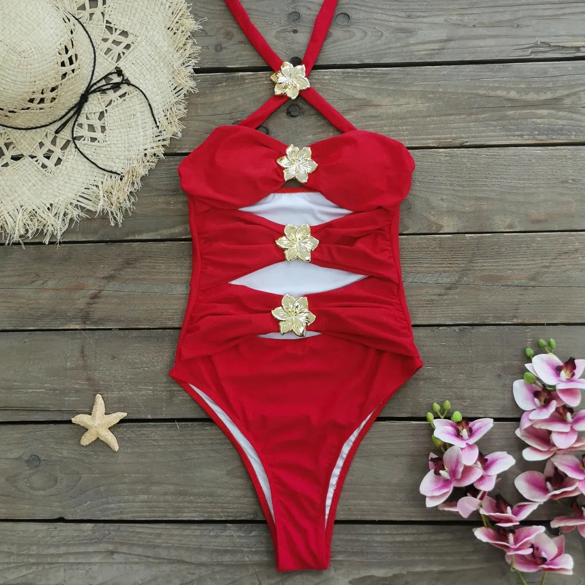 Women's solid colour one-piece swimsuit with matching short skirt, high-waisted design with hollow-out tube top