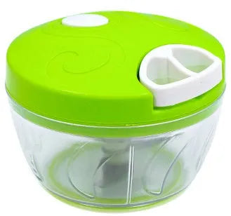 Manual kitchen chopper with green ABS container and stainless steel blades for herb and vegetable preparation