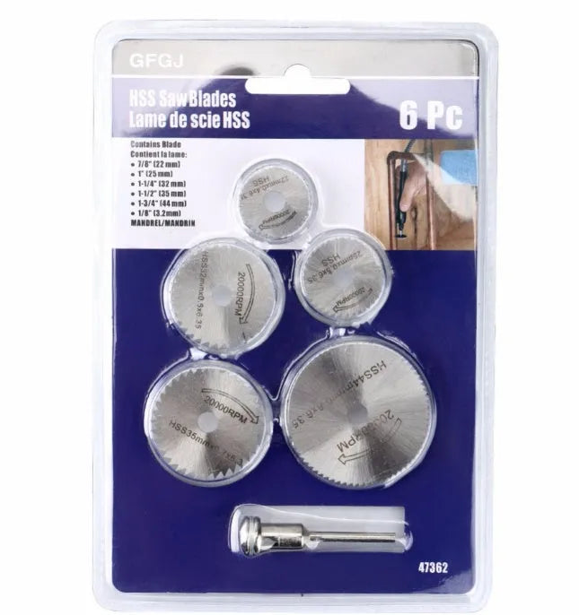 Set of 6 high-speed steel circular saw blades ranging 10-25mm with mandrel for woodworking