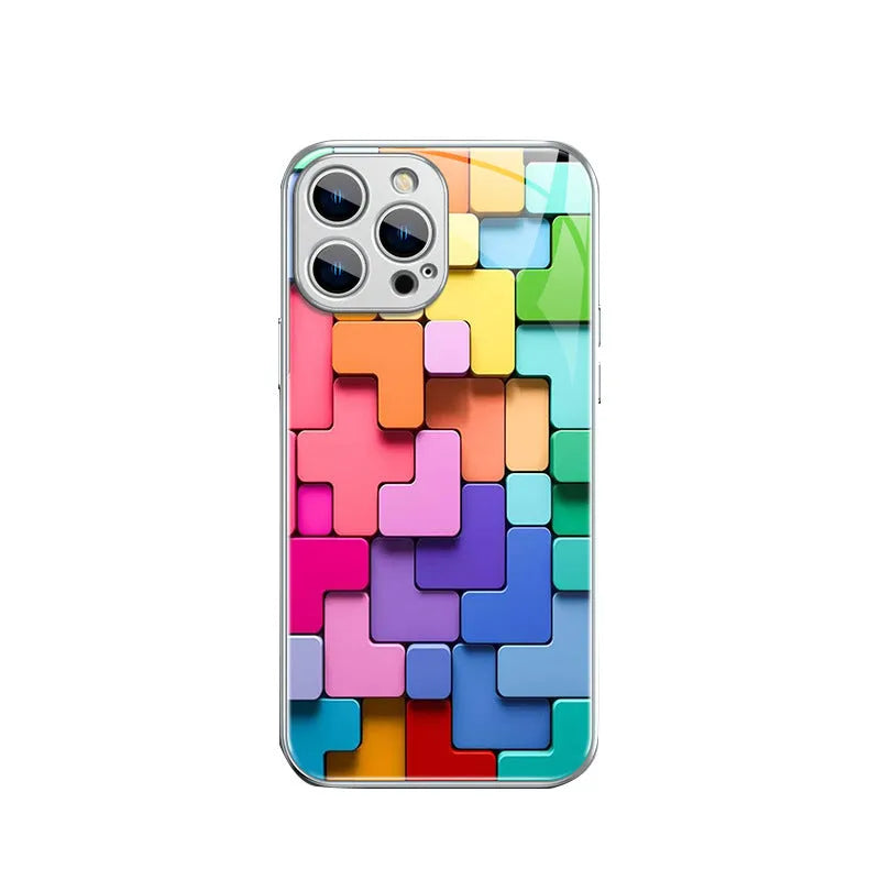 Silicone iPhone case with colourful building block cartoon geometric design on back cover