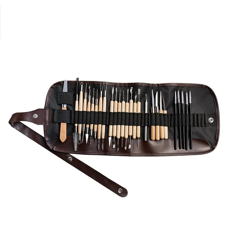 27-piece pottery clay tool set with wood, stainless steel, and plastic sculpting tools in OPP bag