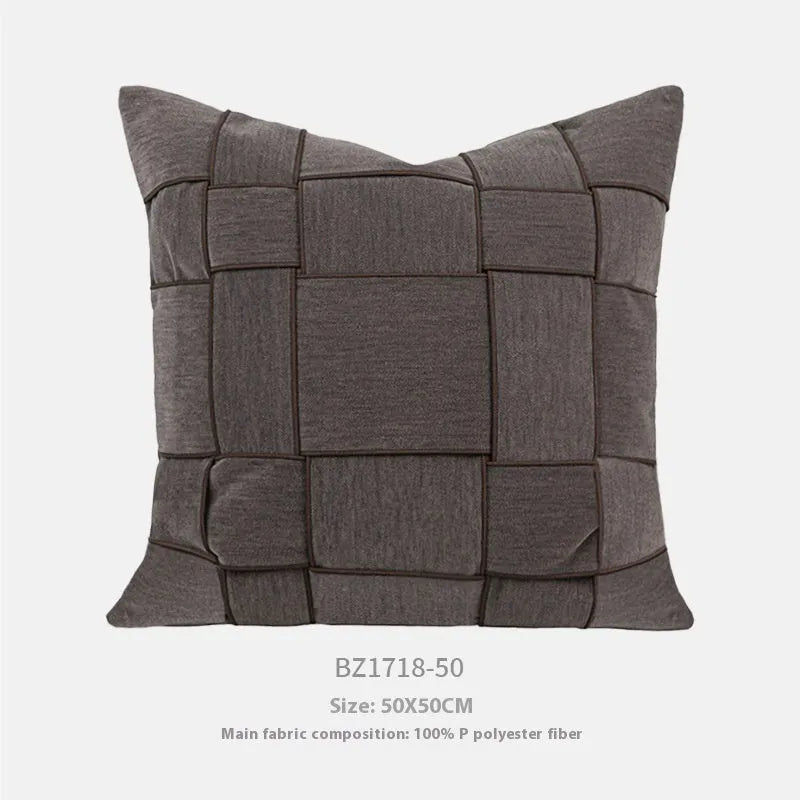 Chenille woven square cushion in beige colour on a sofa, showing its 50x50cm size and textured fabric.