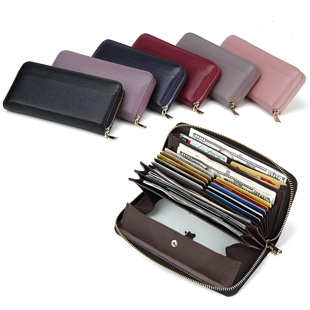 Long genuine leather women's wallet in six colours with anti-theft card swiping feature