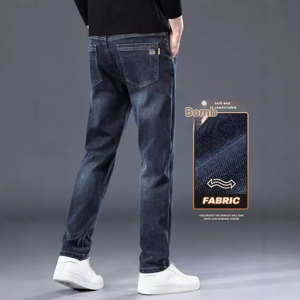 Slim straight casual trousers in blue grey colour with mid-waist design and micro-elastic fabric