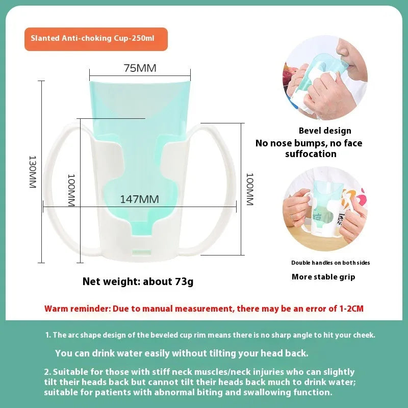 Adult bedside drinking cup with angled choke-proof mouth, handle, and lid, shown in care setting.