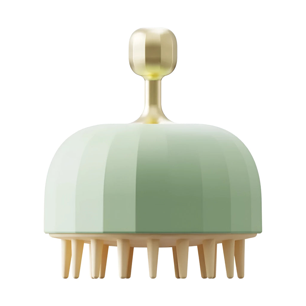 Green pet bath massage brush with soft silicone bristles and drainage holes for dogs and cats