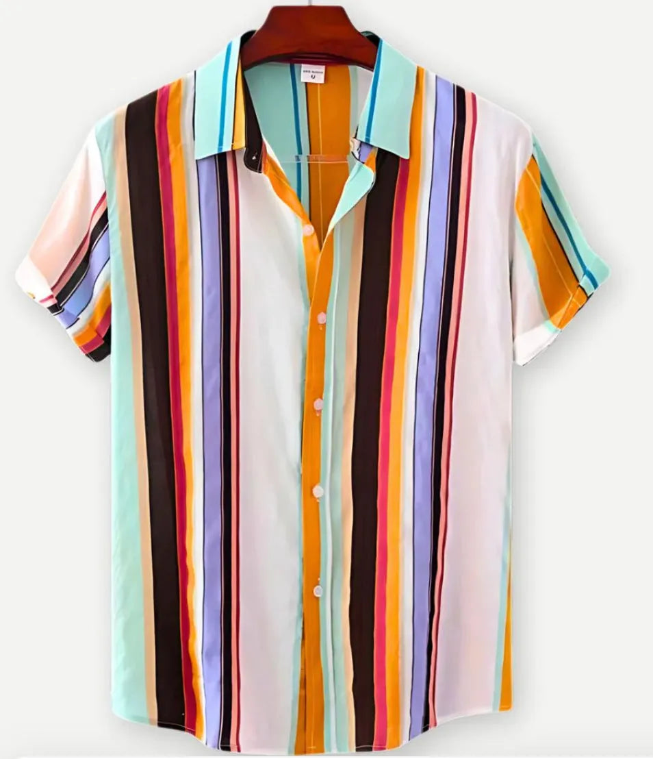 Hawaiian floral print short sleeve shirt with lapel design on elastic polyester fabric