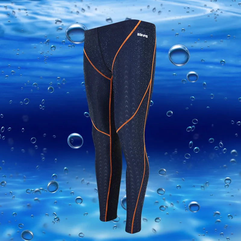 Men's nylon swimming trunks in briefs style with elastic waistband and striped designs in black, grey, green, blue and orange colour combinations
