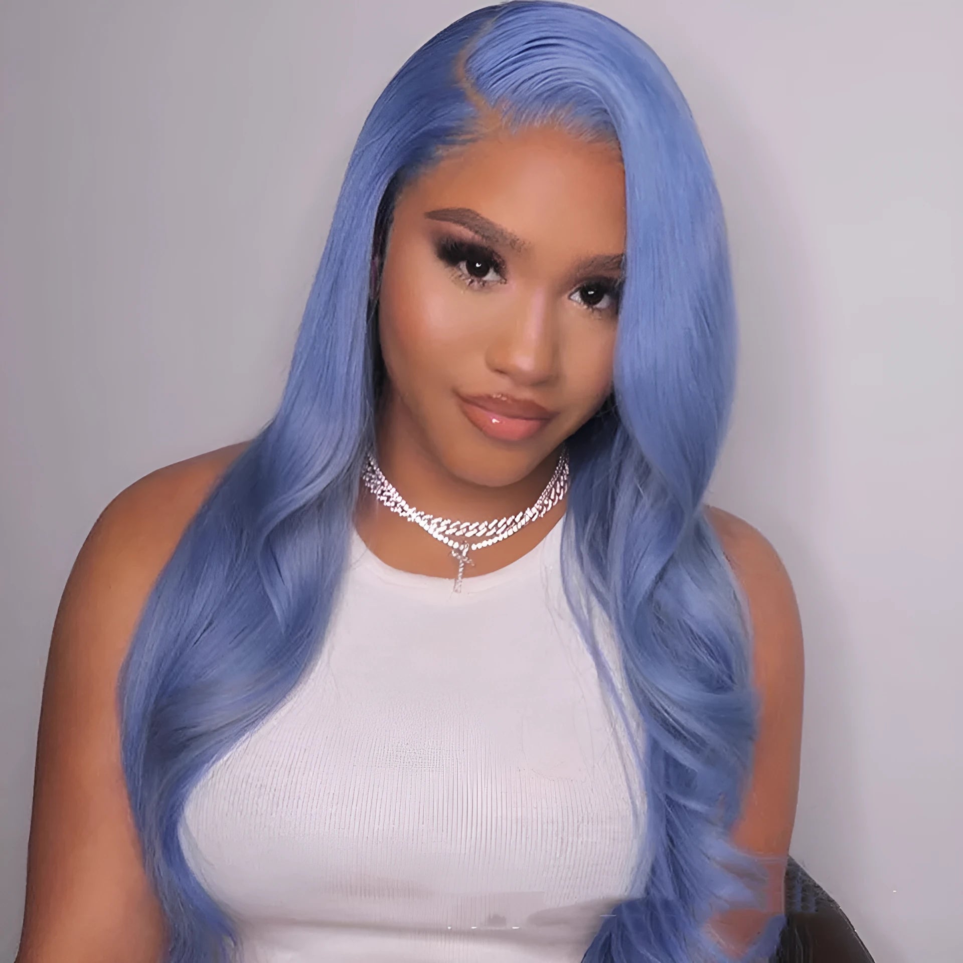 Body wave human hair lace front wig with straight bangs on a mannequin head