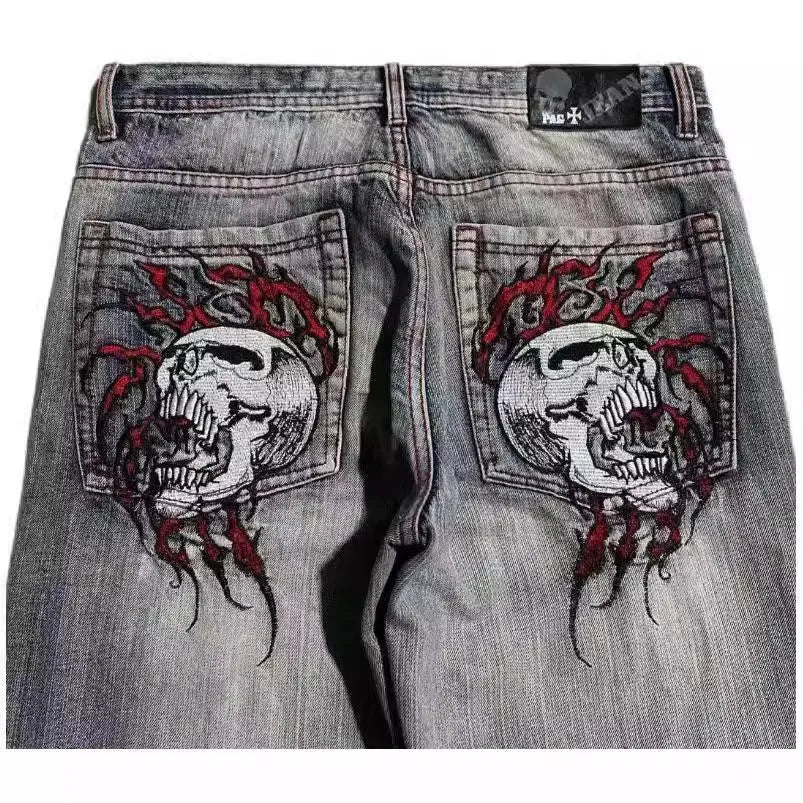 Men's grey wide-leg jeans with retro washed look and straight-leg design