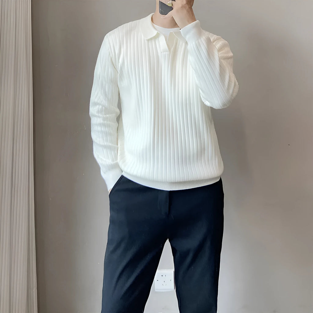 Men's modal rabbit fur knitted pullover sweater in loose fit showing striped lapel detail