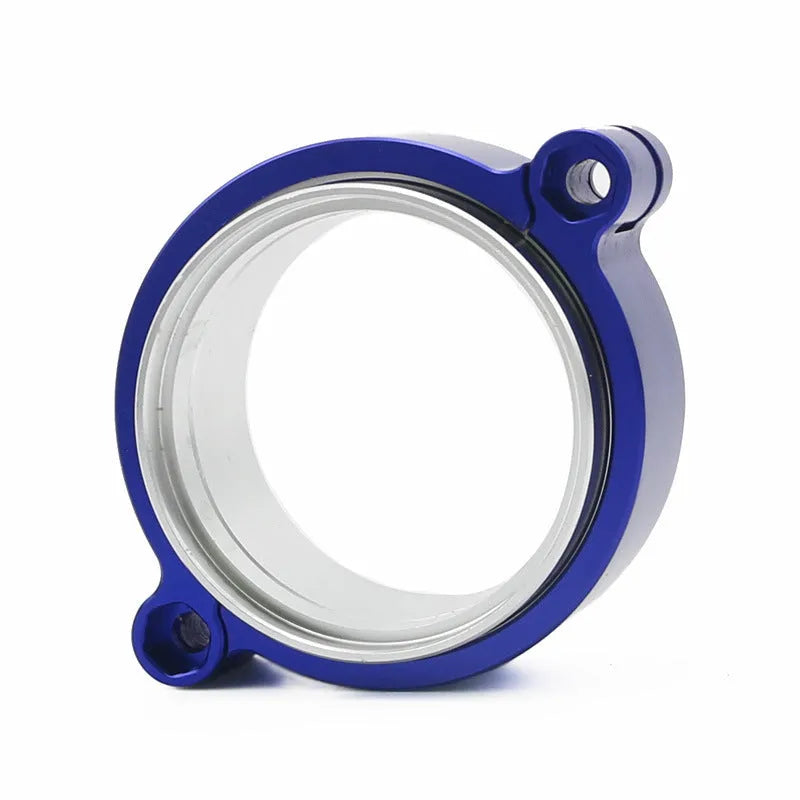 Aluminium fixed movement exhaust clamp for turbo applications in black, blue, or red.
