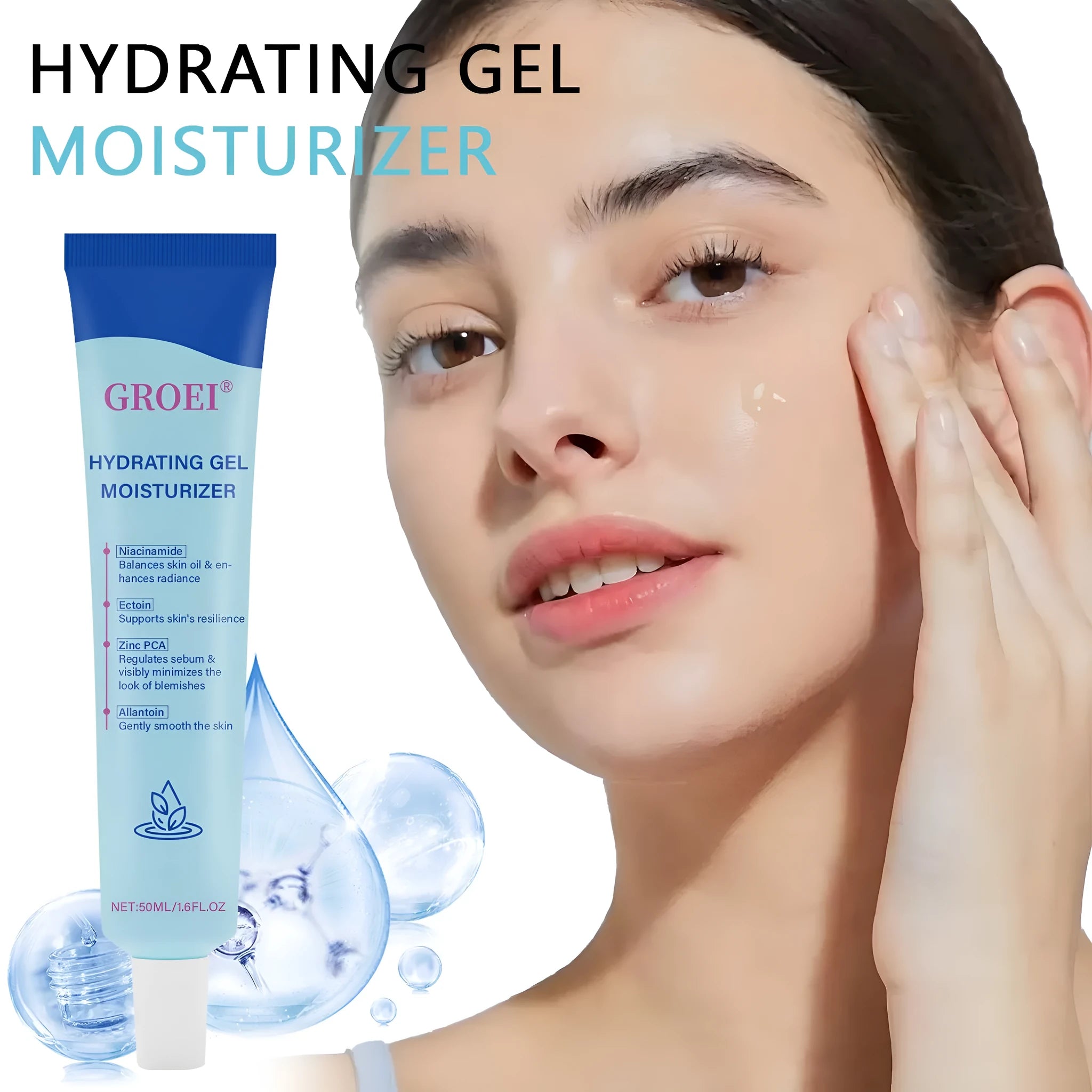 50ml moisturising facial gel with hyaluronic acid in white pump bottle