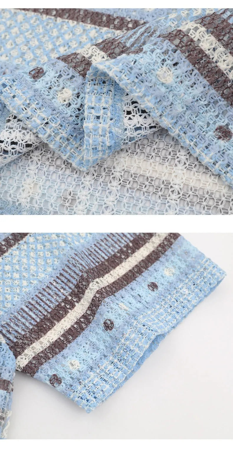 Men's blue and yellow printed short sleeve shirt with loose elastic fabric on a hanger.