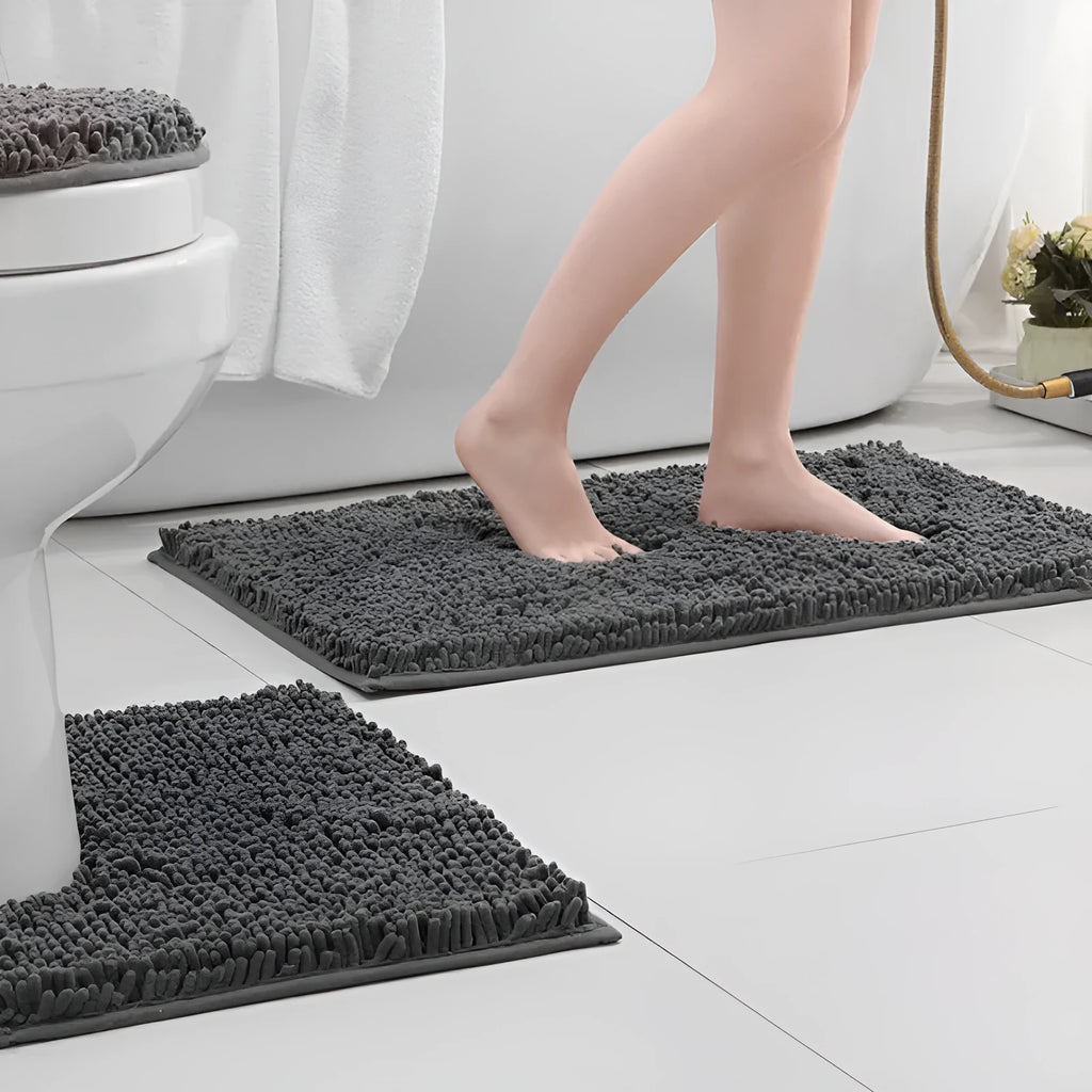 Chenille three-piece toilet mat set with U-shaped toilet seat cover in green colour options
