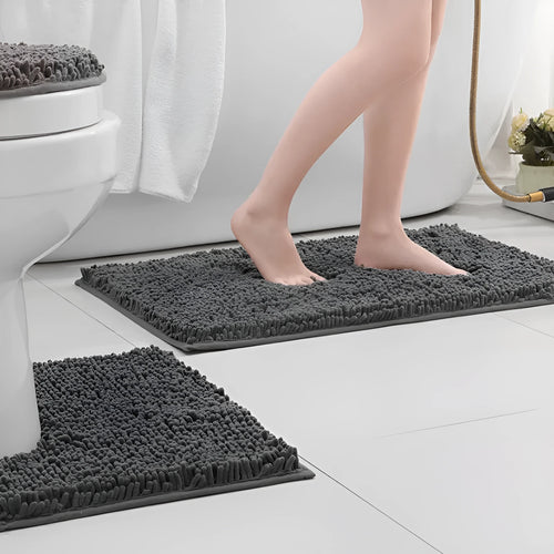Chenille three-piece toilet mat set with U-shaped toilet seat cover in green colour options