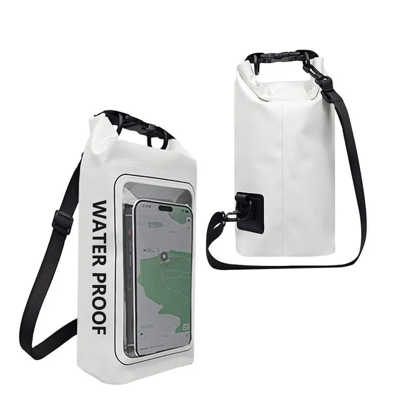 Army Green PVC waterproof crossbody bag with strap, shown in 2L and 5L sizes for swimming and beach use.