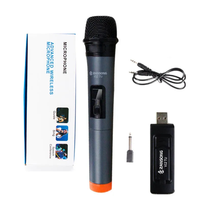 Black V12 handheld dynamic microphone with USB receiver and audio cable for computer and amplifier connection