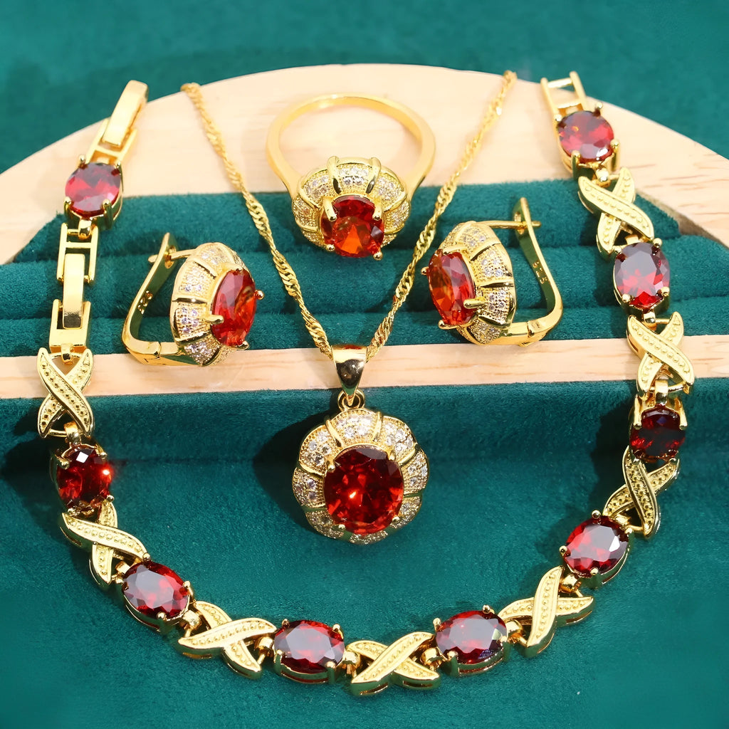 18k gold plated zircon jewellery set showing necklace, earrings, ring, and bracelet with synthetic cubic zirconia stones