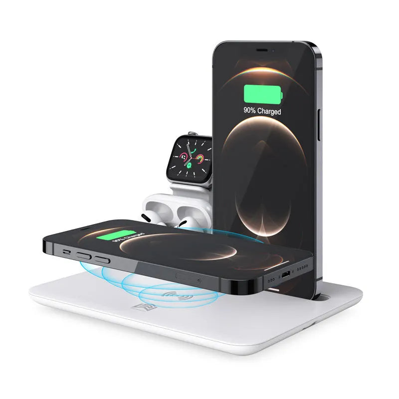 Black wireless charging desktop station with phone bracket, headphone dock and watch charging port