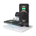 Black wireless charging desktop station with phone bracket, headphone dock and watch charging port