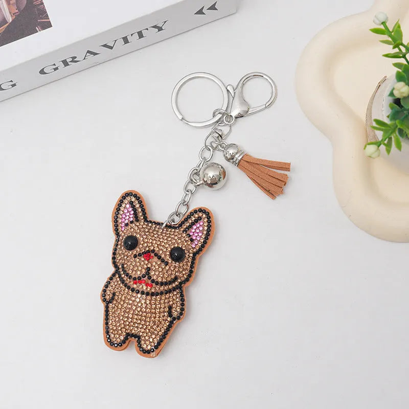 French dog rhinestone keychain with cartoon bear design in caramel colour
