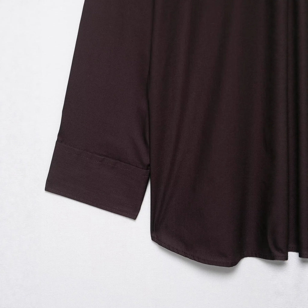 Brown women's poplin shirt with bow tie scarf detail and long sleeves