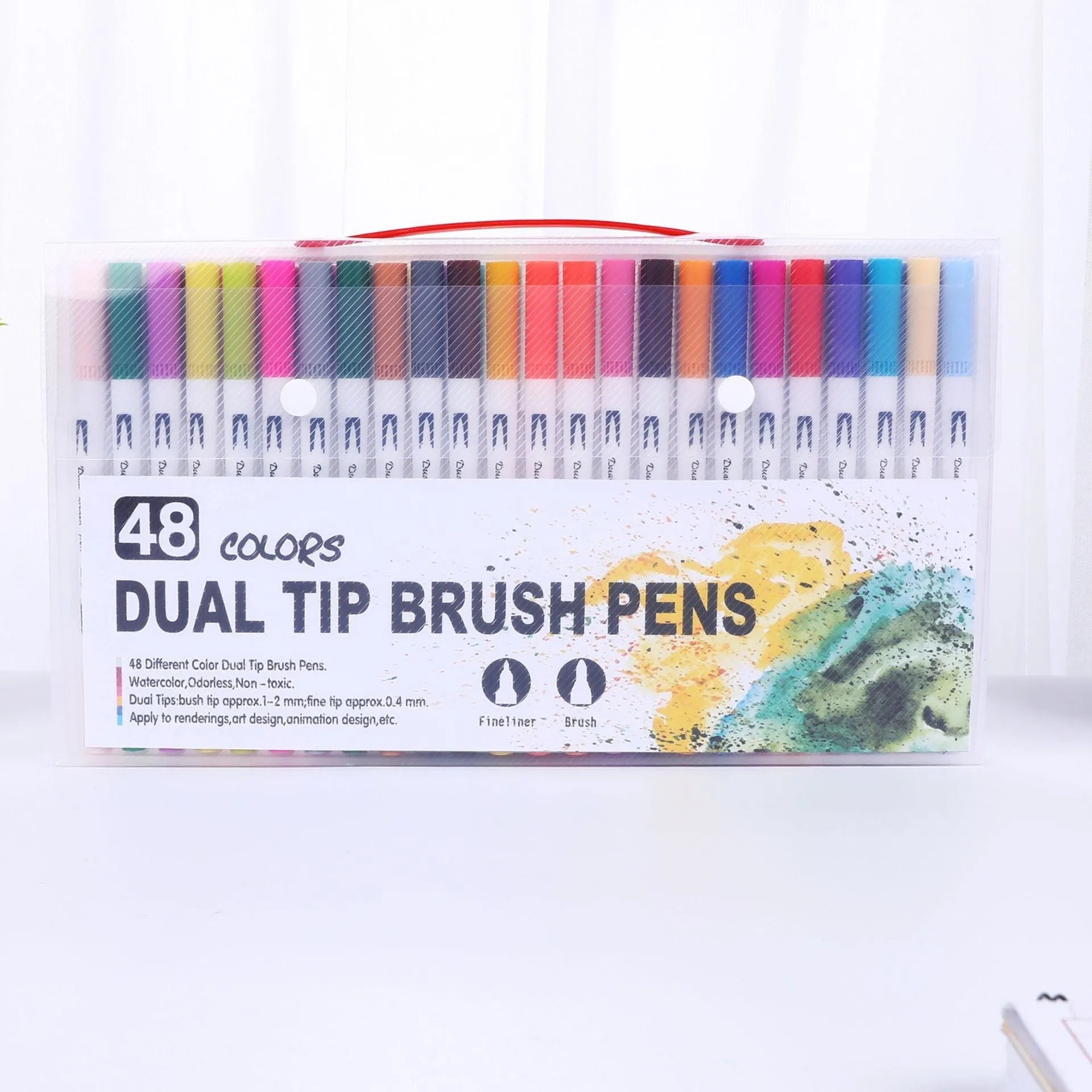 Set of watercolour pens in a plastic casing, showing nib tips, available in 48, 60, 72 and 100 colour sets.