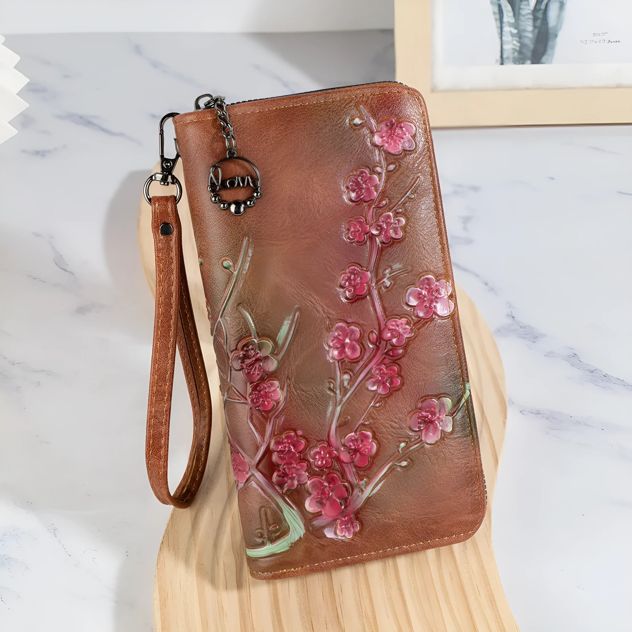 Chinese style floral embossed handbag with hand-painted pattern and zip closure
