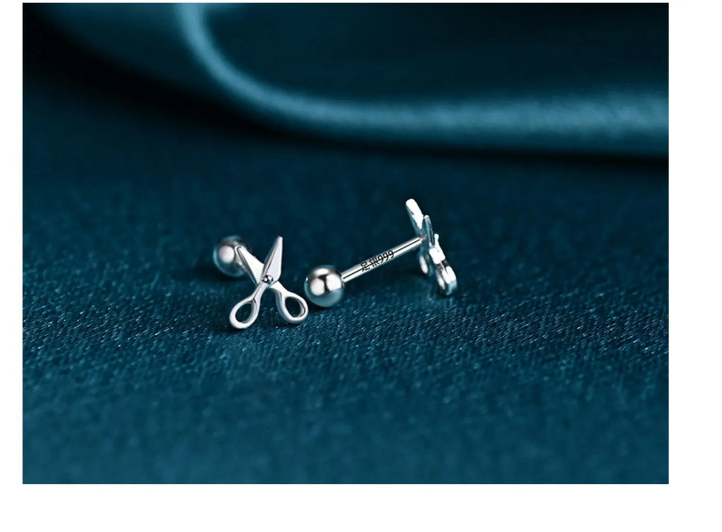 Silver screw stud earrings with mini scissors design motif