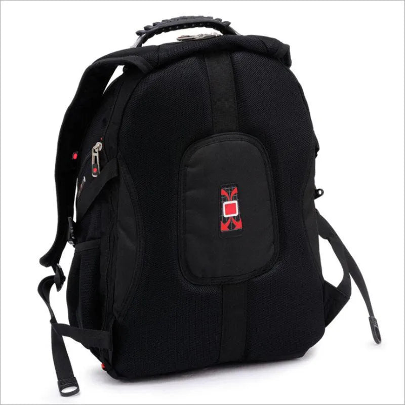 Black business computer backpack open to show three internal compartments and laptop sleeve.